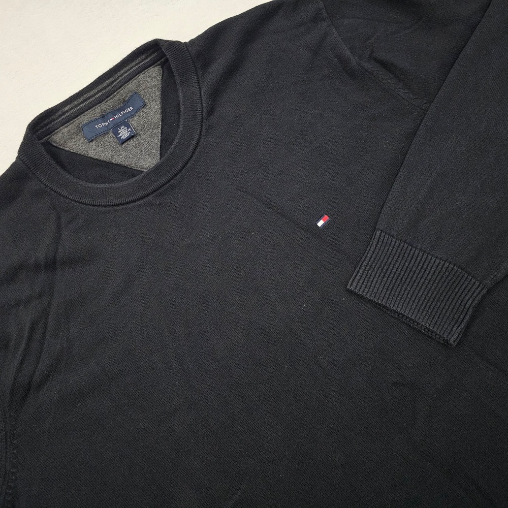 Tommy Hilfiger Sweater Mens Large Black Crewneck Logo Pullover Preppy Minimalist
